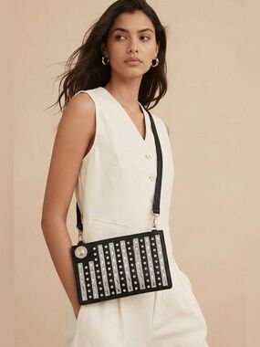 Lane black rhinestone‎ embellished zippered crossbody shoulder bag